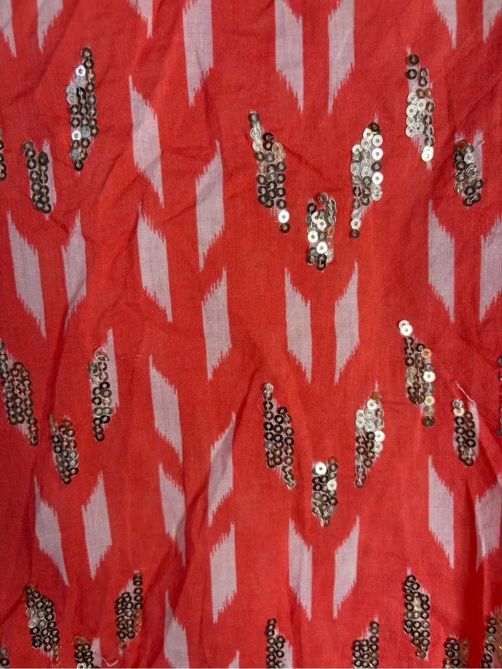 Tory Burch Coral Orange Ikat Gold Sequin Tunic Top Size 6 Long Sleeve